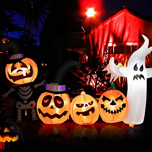 COSTWAY 7.5 FT Long Halloween Inflatable Decor Spooky Ghost and Pumpkin w/Lights