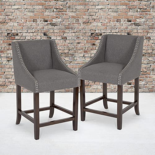 Flash Furniture Carmel Series 24" High Transitional Walnut Counter Height Stool with Nail Trim in Dark Gray Fabric, Set of 2