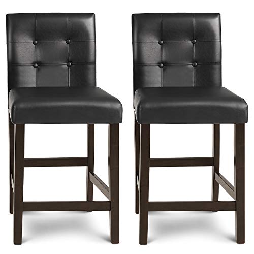 COSTWAY Set of 2 Bar Stools, Upholstered Barstool with Back, Button-Tufted Dining Chairs, PVC Leather Counter Height Chairs, Pub Bistro Kitchen Dining Side Chair Barstools with Solid Wood Legs, Black