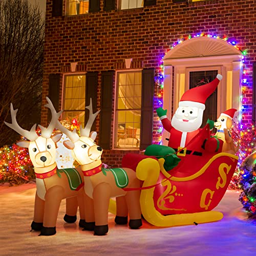 COSTWAY 7.2 FT Long Christmas Inflatable Santa on Sleigh w/LED Lights Dog & Gifts Yard