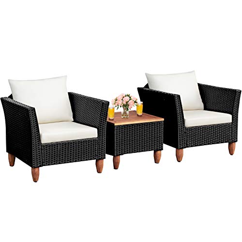 COSTWAY 3PCS Outdoor Patio Rattan Furniture Set Wooden Table Top Cushioned Sofa White