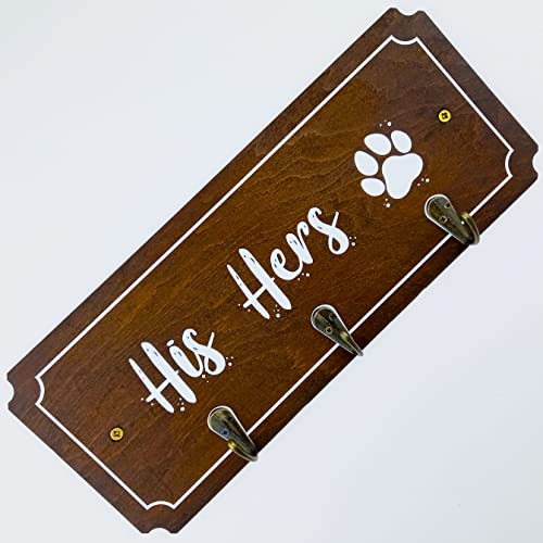 Wall Mounted His Hers and Paws Leash and Key Holder - Dog Lover Gift 12 x 5 inch with 3 Hooks - White Print