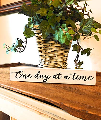 Handmade in USA One Day At A Time Primitive Box Sign, Rustic Decor (9.5 x 1.5 Inches) (White)