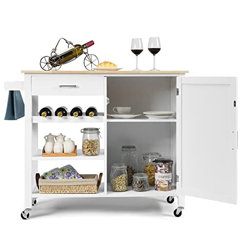 COSTWAY Kitchen Storage Island Cart on Wheels, Kitchen Trolley Cart with Wine Rack, Shelves and Towel Rack, 360¡Wheels & Detachable Tray, Kitchen Island for Dining Room, Living Room & Bedroom (White)