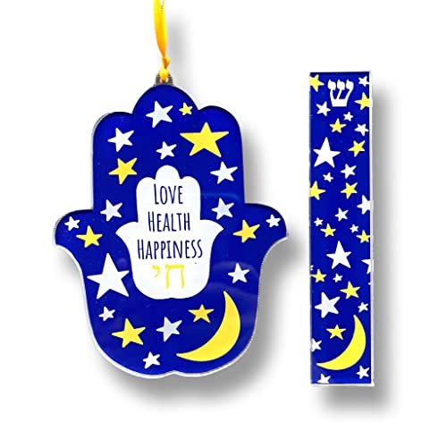 Hamsa and Mezuzah Gift Sets, Jewish Gift for Baby Naming, Bris, Birthday (Moon and Stars Blessing, Add Kosher Scroll)