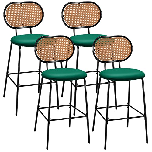 COSTWAY Bar Stools Set of 4, 29.5" Modern Faux Leather Bar Height Chairs with Imitation Rattan Woven Backrest, Metal Armless Barstools for Bistro Home Restaurant Kitchen Counter (4, Dark Green)