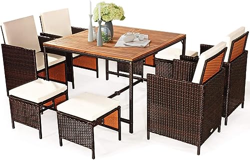 COSTWAY 9PCS Patio Rattan Dining Set Cushioned Chairs Ottoman Wood Table Top White