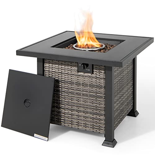 COSTWAY 32" Outdoor Fire Table, 50,000 BTU Propane Fire Pit Table w/Lid & Lava Rocks Rain Cover, Rattan Style Metal Patio Fireplace, Gas Firepit Table for Outside Yard Balcony, Grey