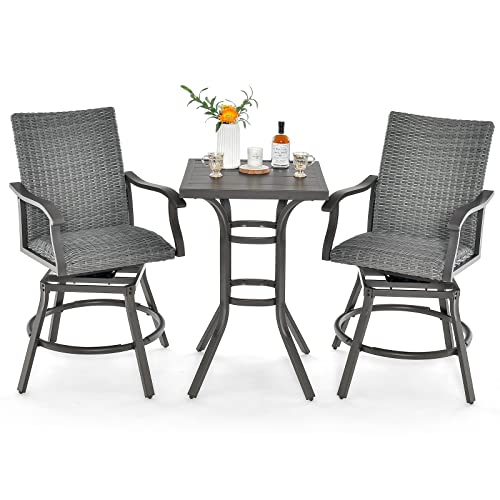 COSTWAY 3PCS Patio Rattan Bar Table Stools Set Aluminum 360¡ Swivel Chairs W/Padded Seat