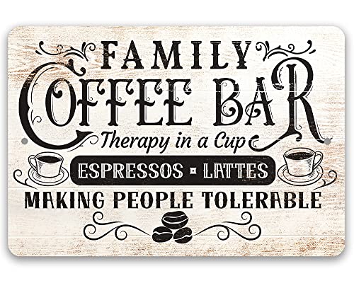 Family Coffee Bar - Therapy in a Cup - Great Coffee Station Decor or Cafe Accessories, Farmhouse Kitchen Dining Art, Unique Coffee Lovers Gift, Indoor or Outdoor Durable Metal Sign (12" x 18")