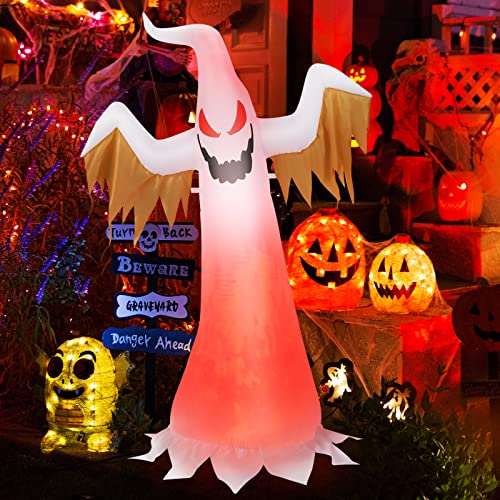 COSTWAY 6FT Halloween Inflatable Ghost Quick Blow up Halloween Décor w/Red LED Lights