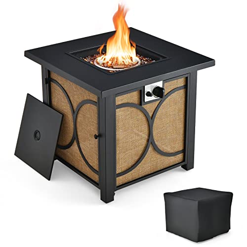 COSTWAY 28 Inch Outdoor Square Fire Pit Table, 50,000 BTU Propane Gas Fire Table w/Fire Glasses & PVC Protective Cover, Easy Ignition System, Patio Fire Table for Backyard, Poolside