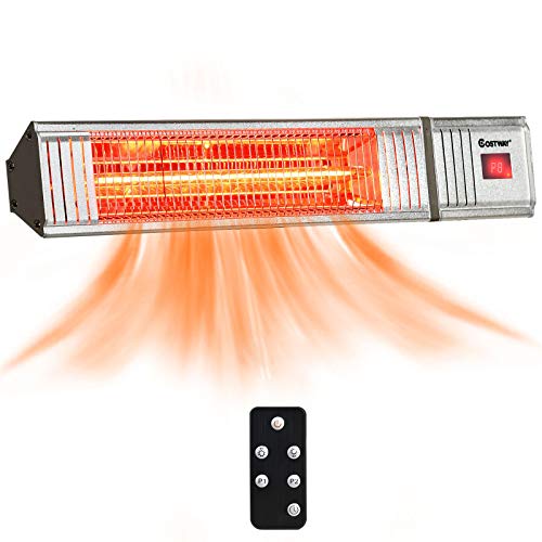 COSTWAY Wall-Mounted Patio Heater, 750W/1500W Infrared Heater with 9-Level Adjustable, 24H Timer, Auto Shut Off, Remote Control, Install Multi-Angle Adjustment, Outdoor Heater for Garage, Home