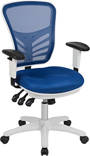 Flash Furniture Nicholas Mid-Back Blue Mesh Multifunction Executive Swivel Ergonomic Office Chair with Adjustable Arms and White Frame