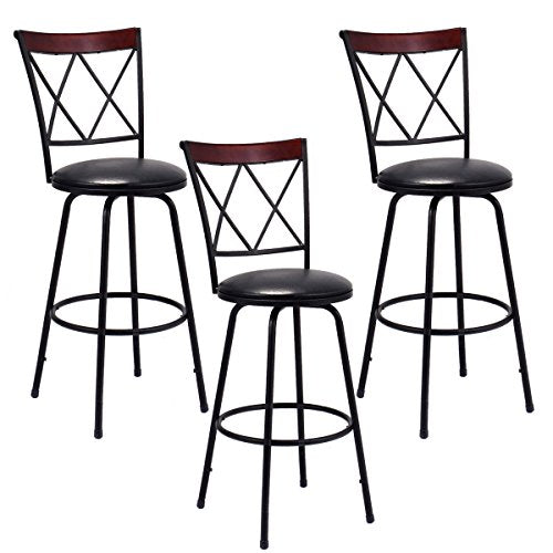 COSTWAY Bar Stools, Modern and Classic Rotatable Counter Pub PVC Leather Chairs, Round Padded Seat with Footrest & Back, Bar Pub Dining Room Kitchen Home Furniture (Brown, Set of 3)