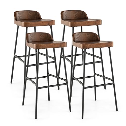 COSTWAY Bar Stool Set of 4, 29-Inch Height Industrial Pub Stool with Backrest and Footrest, Metal Legs, Low-Back Breakfast Counter Height Chair for Living Room Kitchen Island Bar, Rustic Brown & Black