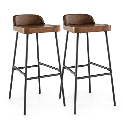 COSTWAY Bar Stool Set of 2, 29-Inch Height Industrial Pub Stool with Backrest and Footrest, Metal Legs, Low-Back Breakfast Counter Height Chair for Living Room Kitchen Island Bar, Rustic Brown & Black