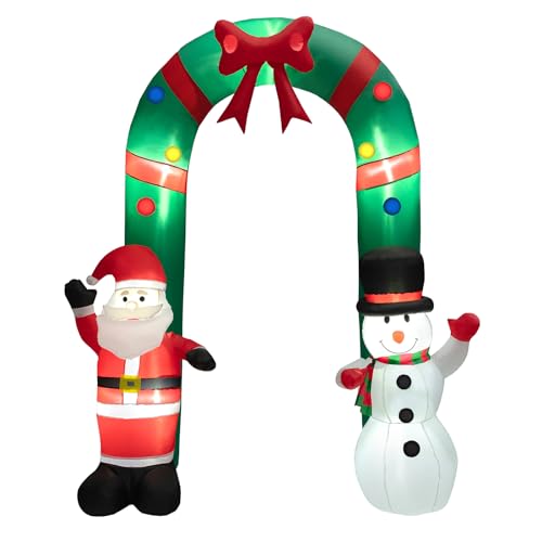 COSTWAY 8FT Tall Christmas Inflatable Santa Claus and Snowman Archway, Outdoor Large Blow Up Arch Decor with Bright LED Lights