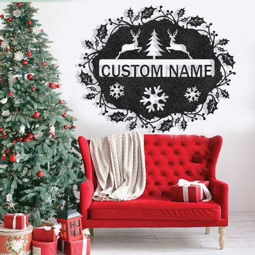 Custom Metal Signs Oval Christmas Tree Deer Metal Name Sign Metal Wall Art Wall Decor Metal Wall Art Last Name Sign Family Name Sign Personalized Wedding Gift Fire Pit Sign Outdoor Decor Cabin Sign