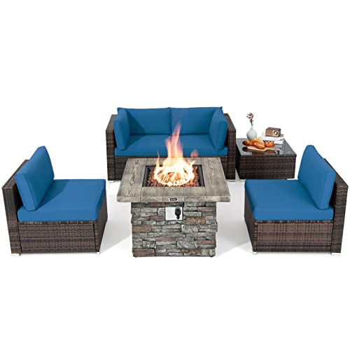 COSTWAY 6 PCS Patio Wicker Furniture Set 34.5" Fire Pit Table W/Cover Navy Blue