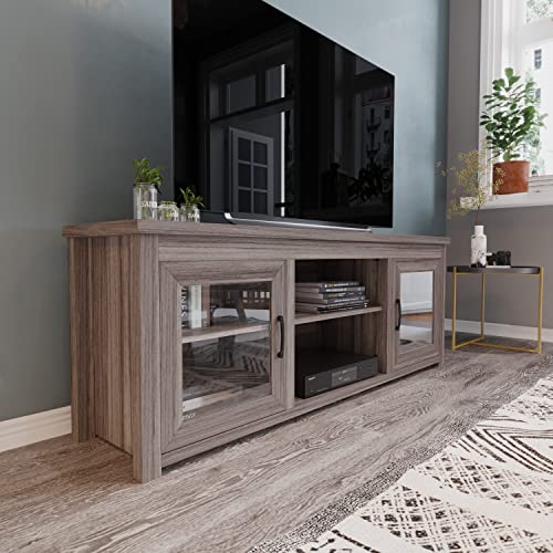 Flash Furniture Sheffield TV Stand for up to 80" TVs - Modern Gray Wash Finish & Full Glass Doors - 65" Engineered Wood Frame - 3 Height Adjustable Shelves