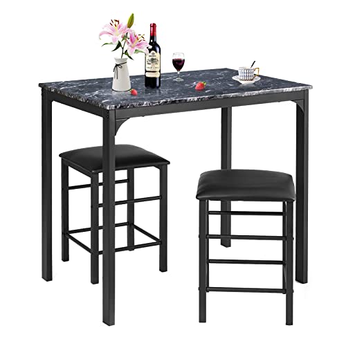 COSTWAY 3 Pieces Dining Table Set, 2 Person Kitchen Breakfast Table and Chair Set Pub Table and Chairs Set, Counter Height Dining Table Set with 2 Bar Stools (Black)