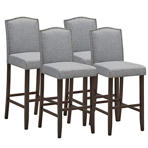 COSTWAY Bar Stool Set of 4, 29 Inch Upholstered Bar Stools with S-Shaped Spring Thick Cushion, Rubber Wood Legs, High Back Leisure Chairs for Living, Kitchen, Dining Room (4, Grey)