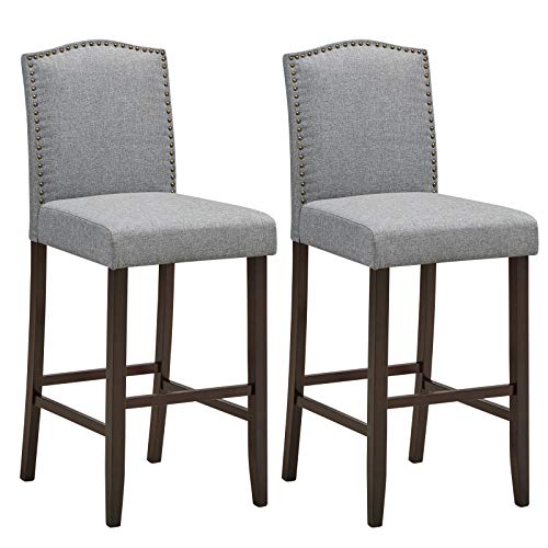 COSTWAY Bar Stool Set of 2, 29 Inch Upholstered Bar Stools with S-Shaped Spring Thick Cushion, Rubber Wood Legs, High Back Leisure Chairs for Living, Kitchen, Dining Room (2, Grey)