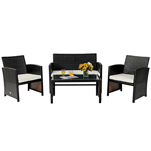 COSTWAY 4PCS Patio Rattan Furniture Set Cushioned Chair Sofa Coffee Table White