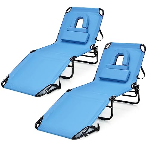 COSTWAY 2 PCS Folding Chaise Lounge Chair Bed Adjustable Patio Beach Camping Recliner Blue