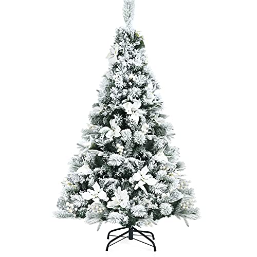 COSTWAY 5ft Snow Flocked Hinged Christmas Tree w/Berries & Poinsettia Flowers