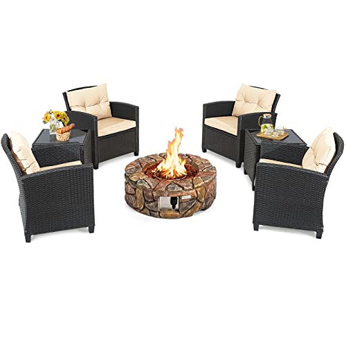 COSTWAY 7PCS Patio Rattan Wicker Furniture Set Gas Fire Pit Table Sofa Cushion