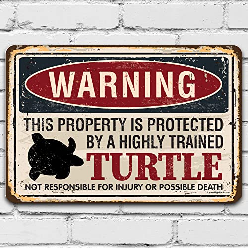 Warning Property Protected By Turtle - Classis Sea Turtle Decor and Tortoise Sign, No Trespassing Signage, Turtle Tank Accessories and Gift, 12x18 Use Indoors or Outdoors Durable Rustic Metal Sign