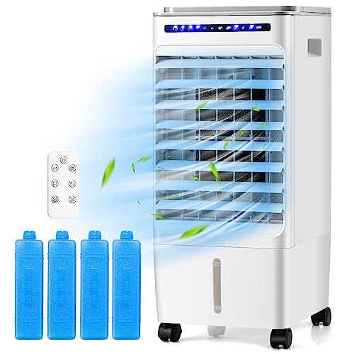 COSTWAY Evaporative Air Cooler, Portable Evaporator Cooler with Remote Control, 7H Timer, 3 Wind Speeds, 3 Modes, 4 Ice Boxes, Mini Air Conditioner for Bedroom Home Office Indoor Use White