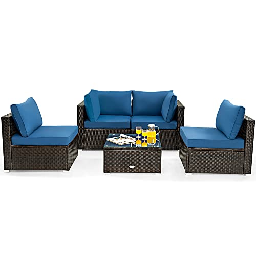 COSTWAY 5PCS Patio Rattan Furniture Set Cushioned Sofa Chair Coffee Table Navy