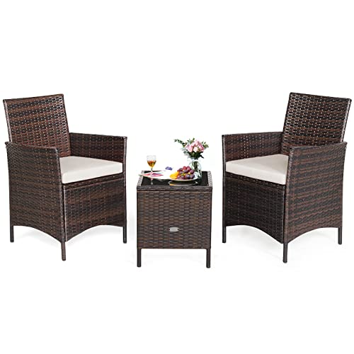 COSTWAY 3PCS Patio Rattan Furniture Set Cushioned Sofa Glass Tabletop White