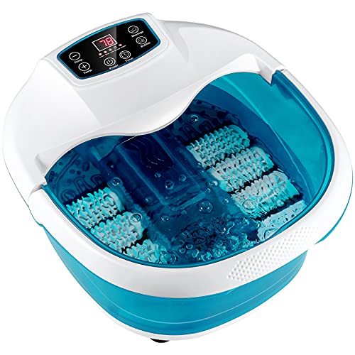 COSTWAY Foot Spa/Bath Massager, with Heat & Bubbles & 6 Electric Massage Rollers, Circulating Heating System, Temperature & Time Control, Foot Tub Soaking for Fatigue Release, Home Use (Blue)