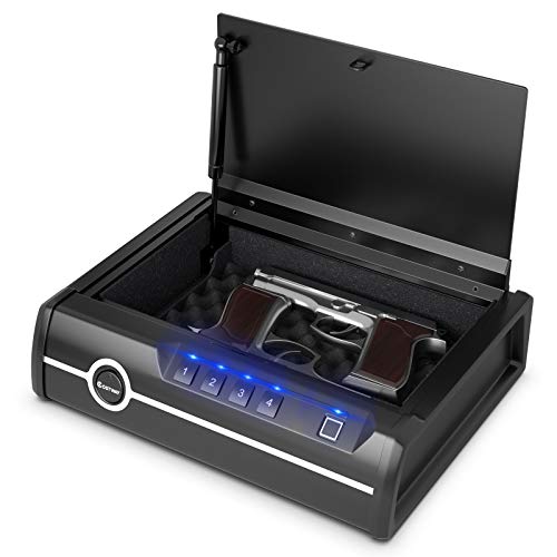 COSTWAY Gun Safe, Quick Access with Biometric Fingerprint Identification & Password & Backup Keys, Heavy-Duty Steel, Pick-Proof Gun safe for 2 Pistols for Home, Auto Open Lid, DOJ Approved