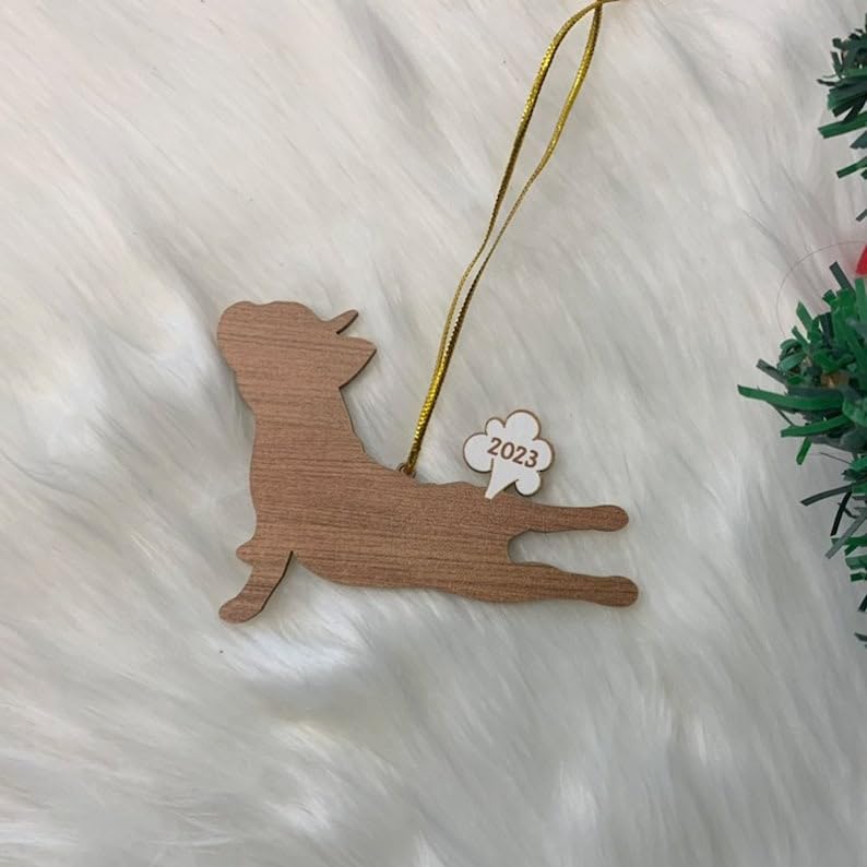 2023 pooping DOG ornament, magnet, pendant. Funny holiday 2023 Christmas ornament and magnet, Funny Frenchie - Rustic Wood Ornament