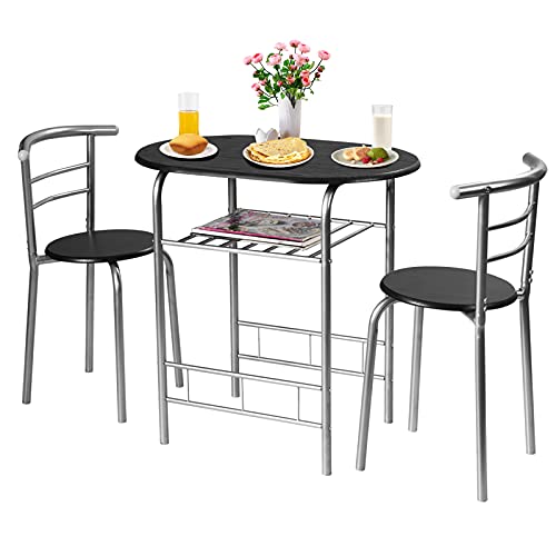 COSTWAY 3 Piece Dining Table Set for 2, Modern Round Table Set with 2 Stools, Pub Table and Chairs Dining Set with Built in Storage Layer, Space Saving for Kitchen, Apartment and Dining Room (Silver)