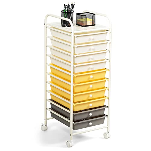 COSTWAY 10-Drawer Rolling Storage Cart, Utility Mobile Trolley with Removable Drawers & Universal Casters & 2 Brakes, Versatile Flexible Drawer Organizer Cart for Home, Office (Yellow)