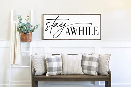 Stay Awhile Sign- Stay Awhile - Farmhouse Wall Decor - Stay Awhile Sign Large - Wall Decor Living Room - Stay Awhile Wood Sign - Modern Farmhouse Wall Decor - Living Room Signs (20x40 inches)