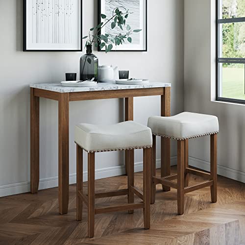 Nathan James Viktor 3 Piece Dining Set, Heigh Kitchen Counter Pub or Breakfast Table with Marble Top and Fabric Wood Base Seat, Gray/Dark Brown