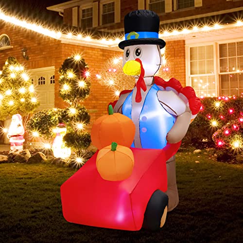 COSTWAY 6 FT Thanksgiving Inflatable Turkey Pushing Pumpkin Cart Lighted Holiday Decor