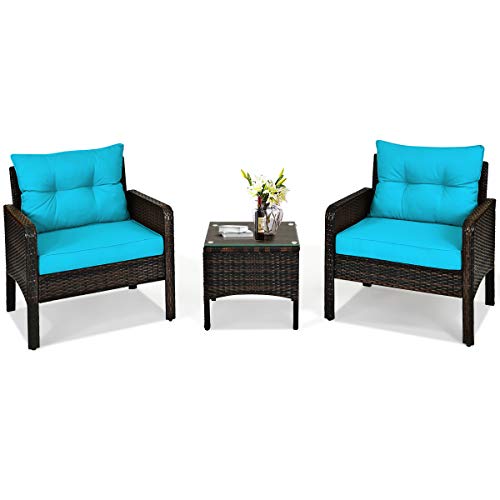 COSTWAY 3PCS Outdoor Rattan Conversation Set Patio Garden Cushioned Sofa Chair Turquoise