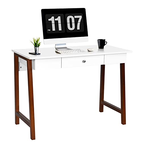 COSTWAY 42" Computer Desk with Storage Drawer, Modern Home Office Writing Study Table with Solid Rubber Wood Legs & Non-Slip Foot Pads, Multifunctional Makeup Vanity Dressing Table (Coffee and White)