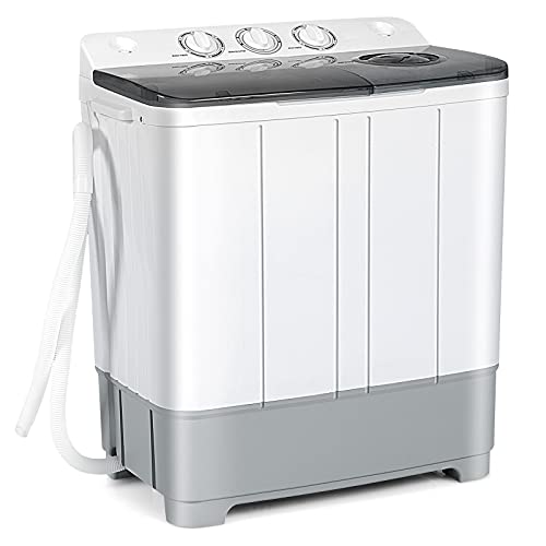 COSTWAY Portable Washing Machine, Twin Tub 22Lbs Capacity, Compact Washer(13.2Lbs) and Spinner(8.8Lbs) with Control Knobs, Built-in Drain Pump, Semi-Automatic Laundry washer for Apartment, RV (Grey)