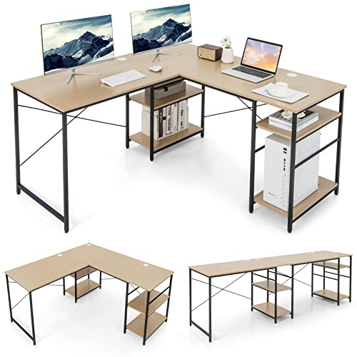 COSTWAY L-Shaped Corner Desk, Convertible Computer Desk with 4-Tier Shelves & 3 Cable Holes, Modern Gaming Writing Workstation, 95 Inch 2-Person Long Computer Desk for Home Office (Natural)