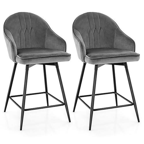 COSTWAY Bar Stools Set of 2, 360-degree Swivel Stools, 24'' Counter Height Velvet Upholstery Bar Chairs with Steel Legs & Footrest, Modern Low Back Bar Chairs for Kitchen, Pub, Bistro, Grey (2, 24'')