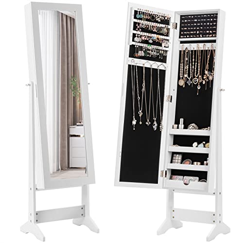 COSTWAY Jewelry Armoire Cabinet, Standing Jewelry Organizer with Full-length Mirror & 3 Adjustable Angles, Large Storage Capacity Jewelry Cabinet for Bedroom, Dressing Room (White)